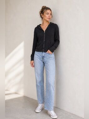 Roots Waffle Knit Zip-Up Hoodie - Black - fits as a Womens XS, YOUTH XL